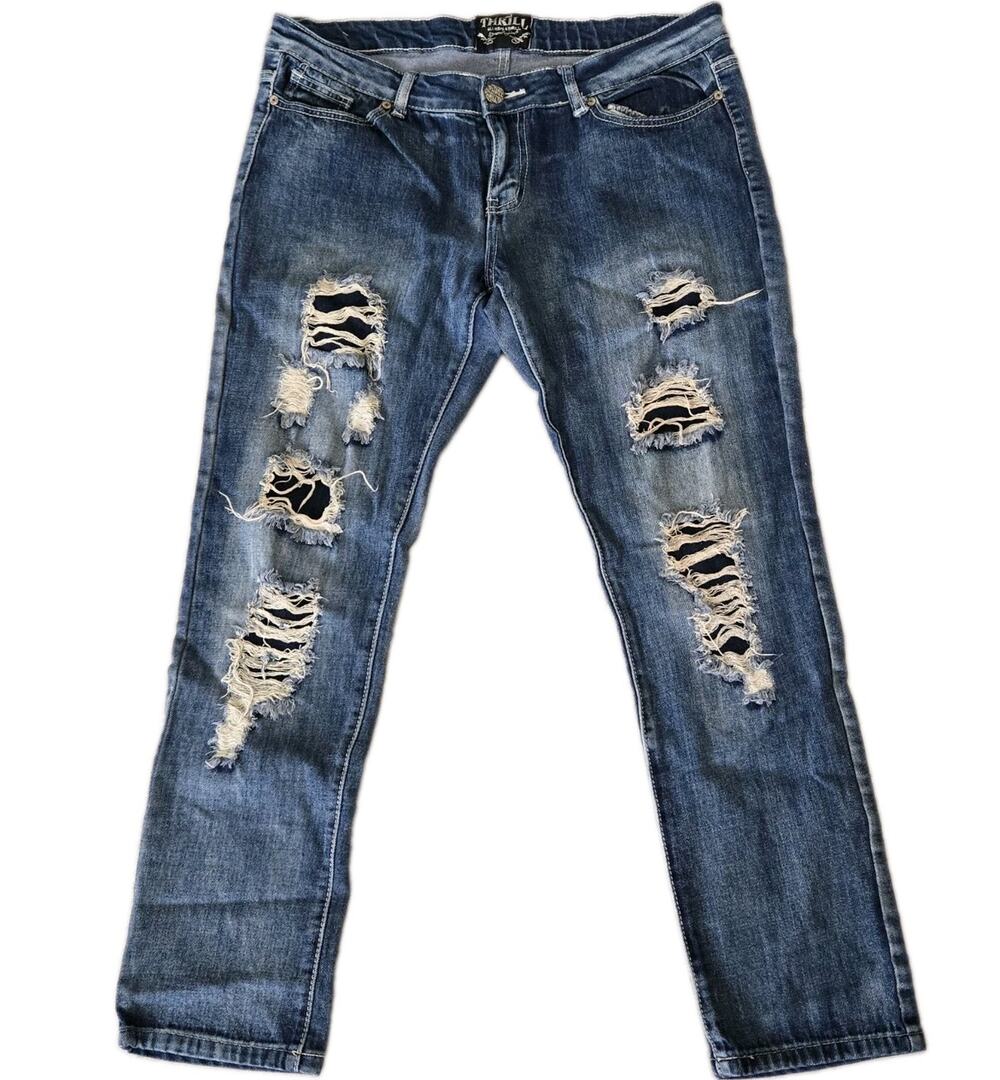 Distressed Thrashed Grunge Thrill Always A Thrill Jeans Denim Womans Jr Sz 13/14